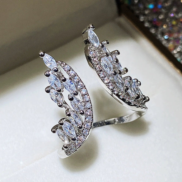 Jewelry Copper Ring Earrings With Feather And Plant Flowers Pattern And Zircon Design For Women