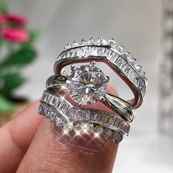 Jewelry Copper Ring Set With Geometric Pattern And Zircon For Couple