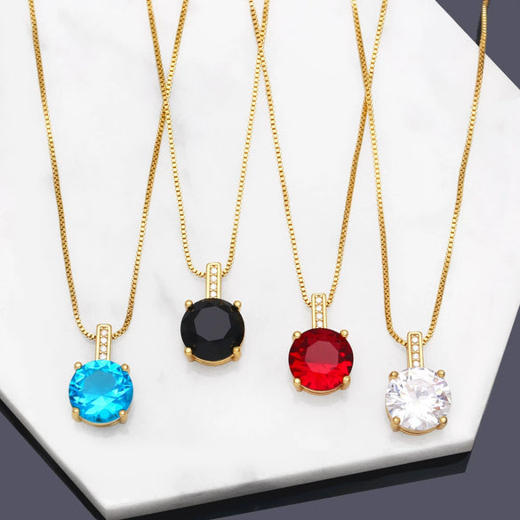 Jewelry Copper Round Zircon Geometric Minimalist Pendant Necklace With Box Chain
