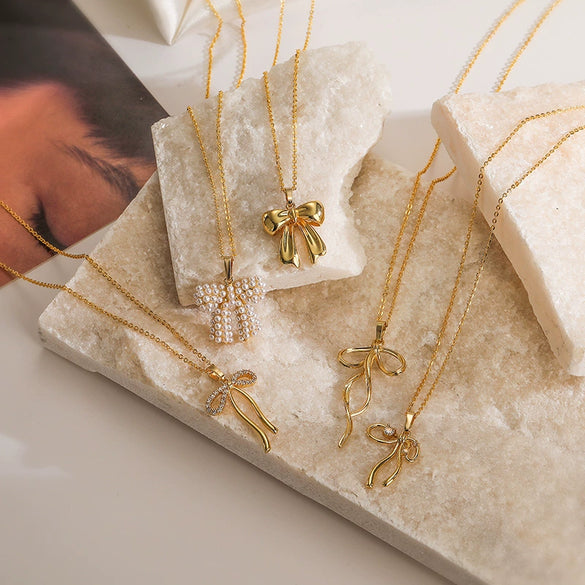 Jewelry Copper Set With Pearl Bow Necklace