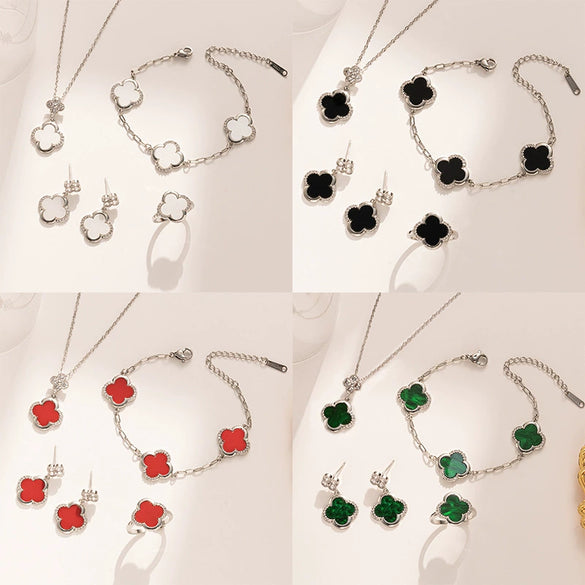 Jewelry Copper Titanium Steel Four Leaf Clover Style Electroplating Women's Fourpiece Set Necklace Bracelet Earrings Ring