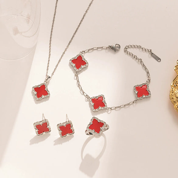 Jewelry Copper Titanium Steel Fourleaf Clover Plants And Flowers Electroplating Women's Fourpiece Set