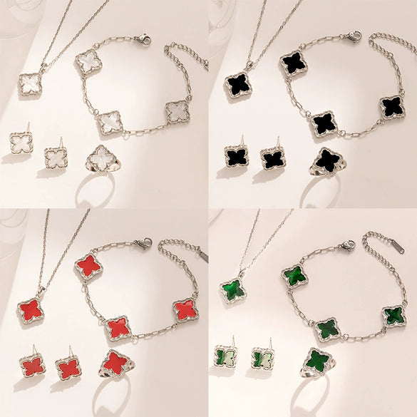 Jewelry Copper Titanium Steel Fourleaf Clover Plants And Flowers Electroplating Women's Fourpiece Set