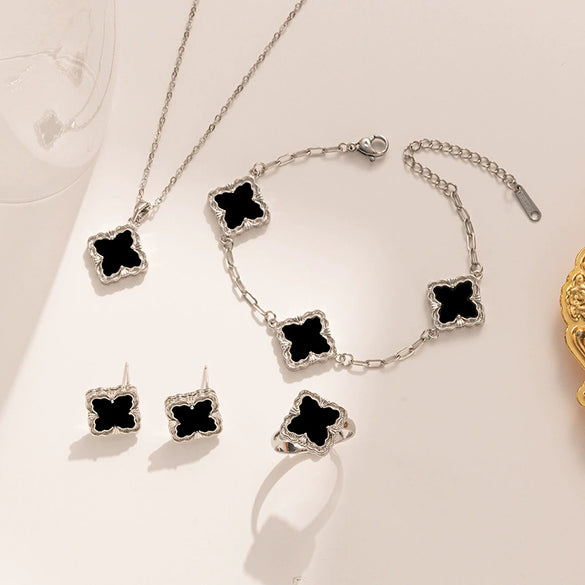 Jewelry Copper Titanium Steel Fourleaf Clover Plants And Flowers Electroplating Women's Fourpiece Set