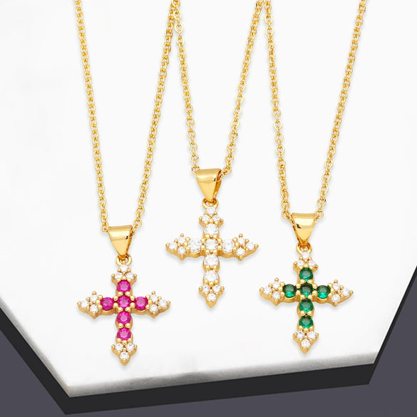 Jewelry Copper Zircon Geometric Cross Pendant Necklace Women Ochain