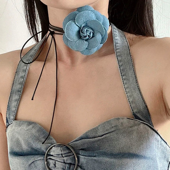 Jewelry Cowboy Denim Chocker With Geometric And Flower Pattern Handmade Multilayer Tassel Necklace
