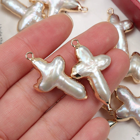 Jewelry Cross Edge Natural Freshwater Pearl Copper Gold Plated Pendant Earrings Necklace Baroque Beads Bare Stone Style