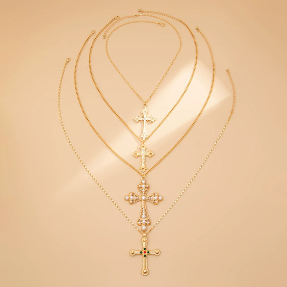 Jewelry Cross Imitation Pearl Alloy Acrylic Diamond Geometric Handmade Electroplated Necklace For Women