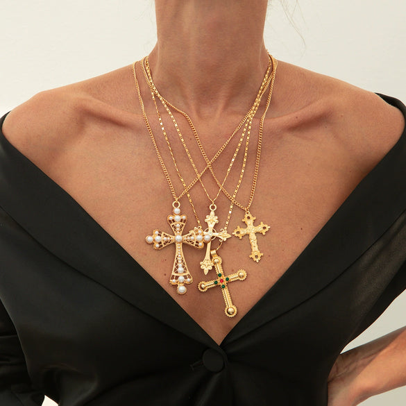Jewelry Cross Imitation Pearl Alloy Acrylic Diamond Geometric Handmade Electroplated Necklace For Women