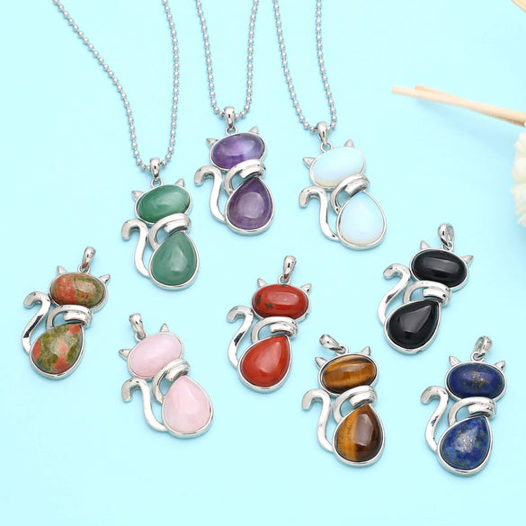 Jewelry Crystal Agate Cat Pendant Necklace Copper Ball Chain Retro Fashion Electroplated Women's