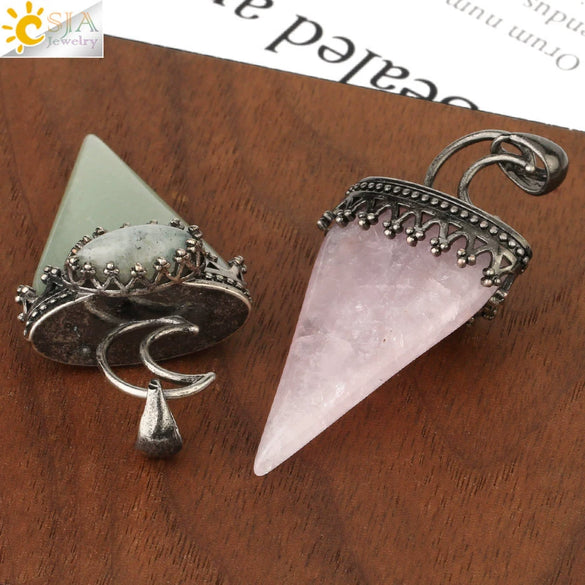 Jewelry Crystal Natural Stone Minimalist Geometric Tapered Pointed Bronze Plated Pendant Necklace With Leather Rope