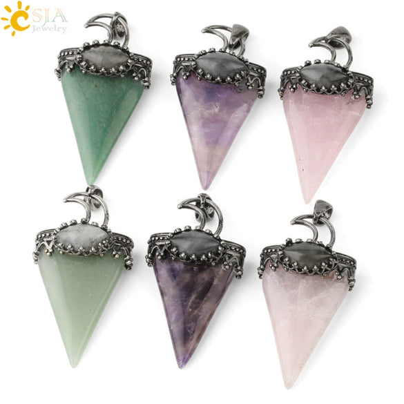 Jewelry Crystal Natural Stone Minimalist Geometric Tapered Pointed Bronze Plated Pendant Necklace With Leather Rope