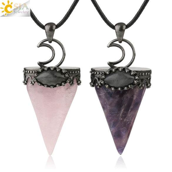 Jewelry Crystal Natural Stone Minimalist Geometric Tapered Pointed Bronze Plated Pendant Necklace With Leather Rope