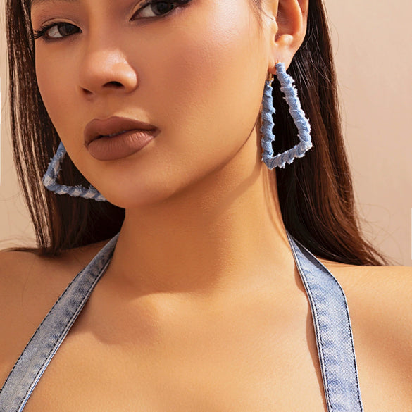 Jewelry Denim Printed Cloth Metal Pure Handmade Geometric Hoop Earrings For Women