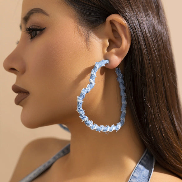 Jewelry Denim Printed Cloth Metal Pure Handmade Geometric Hoop Earrings For Women