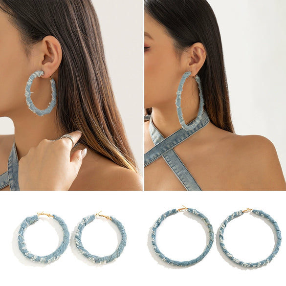 Jewelry Denim Printed Cloth Metal Pure Handmade Geometric Hoop Earrings For Women