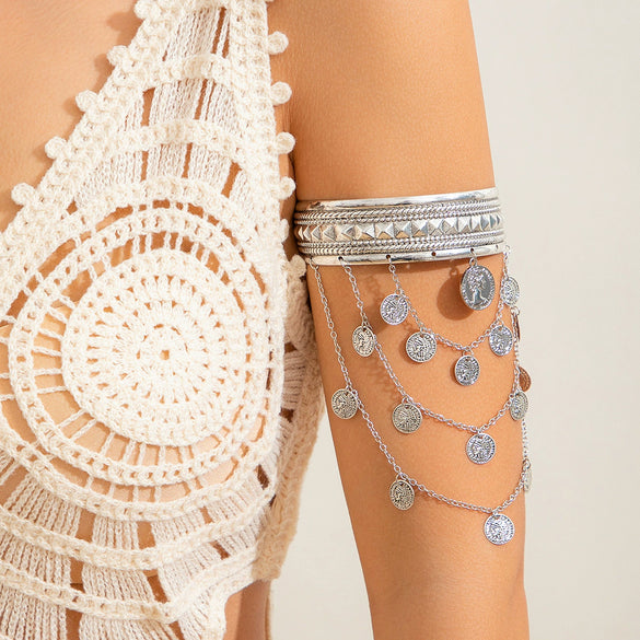 Jewelry Denim Style Metal Coin Tassel Arm Chain Dunhuang Leaf Retro Bracelet Ironaluminum Chain Alloy Electroplated