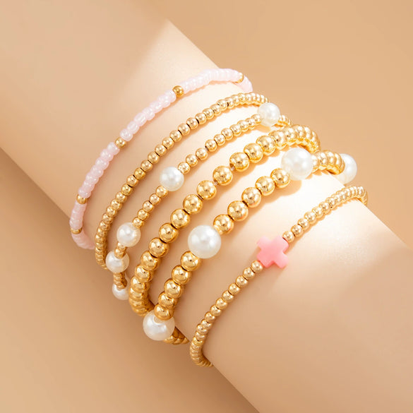 Jewelry Dopamine Colorful Cross Shell Pendant Elastic Bracelet Ccb Material Geometric Animal Zodiac Electroplating Style For Women