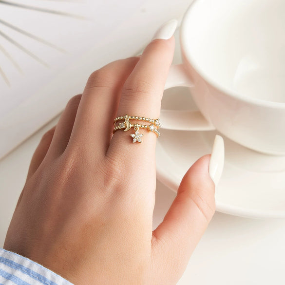 Jewelry Double Layer Adjustable Opening Ring S925 Sterling Silver Star Moon Element Electroplated