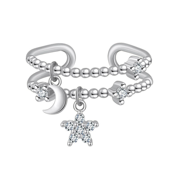 Jewelry Double Layer Adjustable Opening Ring S925 Sterling Silver Star Moon Element Electroplated