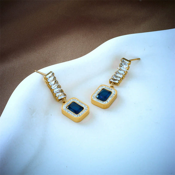 Jewelry Earrings Square Sapphire Diamondembedded Titanium Steel Geometric Electroplated Women's Light Luxury Highend Allmatch