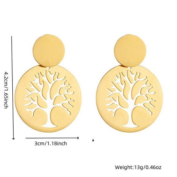 Jewelry Earrings Stainless Steel Fashion Geometric Hollow Gold Plated Round Life Tree Pendant
