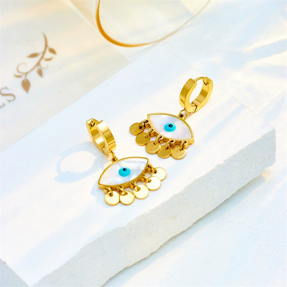 Jewelry Earrings Titanium Steel Geometric Oval Blue Eye Tassel Electroplated For Women