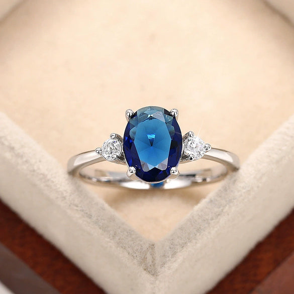 Jewelry Eggshaped Copper Ring With Geometric Style And Imitation Blue Gem For Women