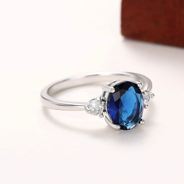 Jewelry Eggshaped Copper Ring With Geometric Style And Imitation Blue Gem For Women