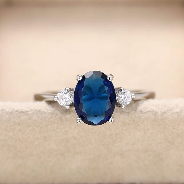 Jewelry Eggshaped Copper Ring With Geometric Style And Imitation Blue Gem For Women