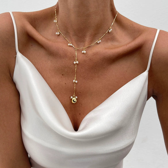 Jewelry Elegant Imitation Pearl Beaded Geometric Ball Chain Metal Clavicle Chain With Plastic Pendant Electroplated