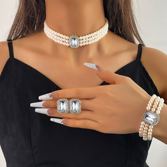 Jewelry Elegant Multilayer Imitation Pearl Necklace With Love Water Drop Bell Pattern Artificial Crystal Pendant For Women