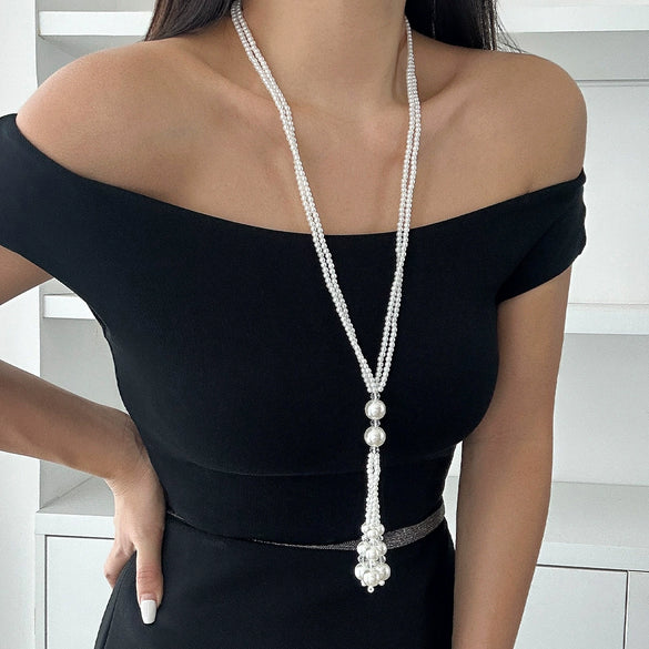 Jewelry Elegant Tassel Imitation Pearl And Imitation Crystal Necklace Geometric Style Electroplated