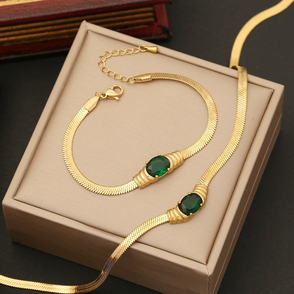 Jewelry Emerald Stainless Steel Necklace Set With Snake Bone Chain And Geometric Design Electroplated
