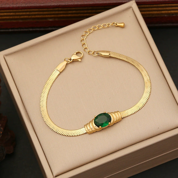 Jewelry Emerald Stainless Steel Necklace Set With Snake Bone Chain And Geometric Design Electroplated