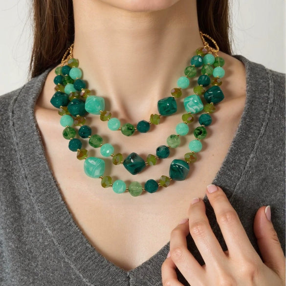 Jewelry Exaggerated Resin Multilayer Clavicle Chain Statement Necklace With Plastic Mixed Gem Inlay Geometric Style