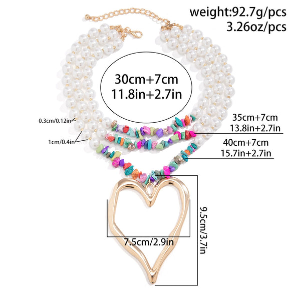 Jewelry Exaggerated Retro Heart Shaped Turquoise Plastic Resin Alloy Beaded Imitation Pearl Ball Chain Electroplated Necklace For Women