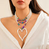 Jewelry Exaggerated Retro Heart Shaped Turquoise Plastic Resin Alloy Beaded Imitation Pearl Ball Chain Electroplated Necklace For Women