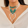 Jewelry Exaggerated Retro Heart Shaped Turquoise Plastic Resin Alloy Beaded Imitation Pearl Ball Chain Electroplated Necklace For Women