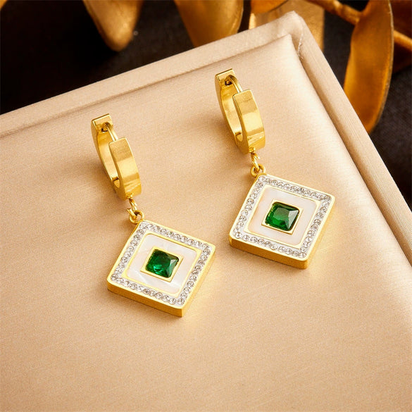 Jewelry Fashion Retro Gold Plated Square Diamond White Shell Stainless Steel Pendant Chain Bracelet Earrings Necklace For Women