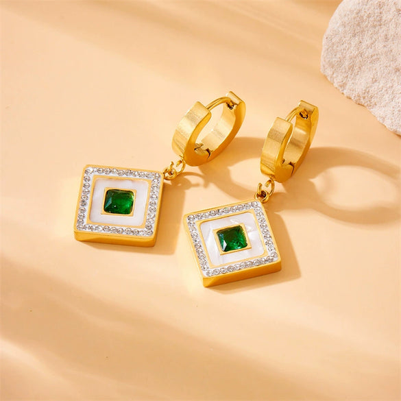 Jewelry Fashion Retro Gold Plated Square Diamond White Shell Stainless Steel Pendant Chain Bracelet Earrings Necklace For Women