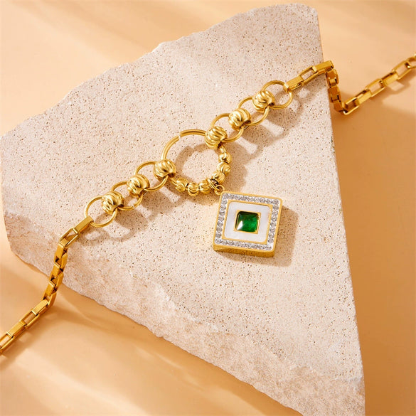 Jewelry Fashion Retro Gold Plated Square Diamond White Shell Stainless Steel Pendant Chain Bracelet Earrings Necklace For Women