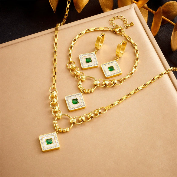 Jewelry Fashion Retro Gold Plated Square Diamond White Shell Stainless Steel Pendant Chain Bracelet Earrings Necklace For Women