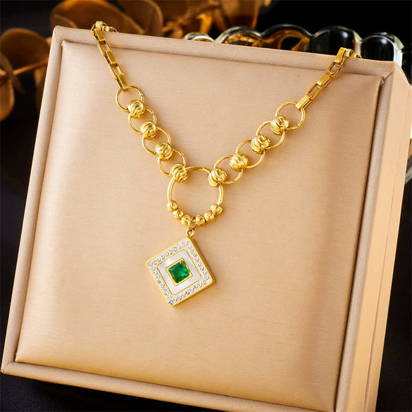Jewelry Fashion Retro Gold Plated Square Diamond White Shell Stainless Steel Pendant Chain Bracelet Earrings Necklace For Women