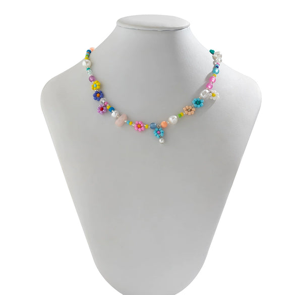 Jewelry Flower Beaded Clavicle Chain Necklace Handmade With Plastic Resin Alloy And Ball Chain For Women