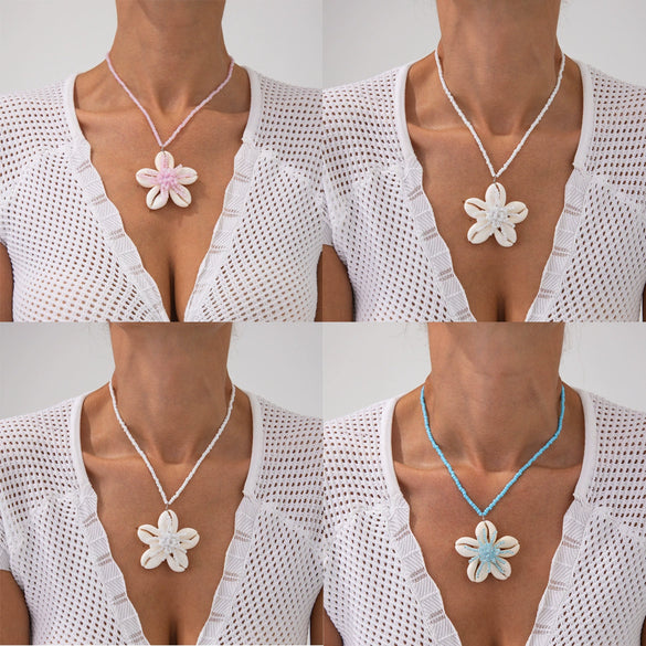 Jewelry Flower Shell Pendant Necklace With Rice Beads Electroplated Clavicle Chain For Women