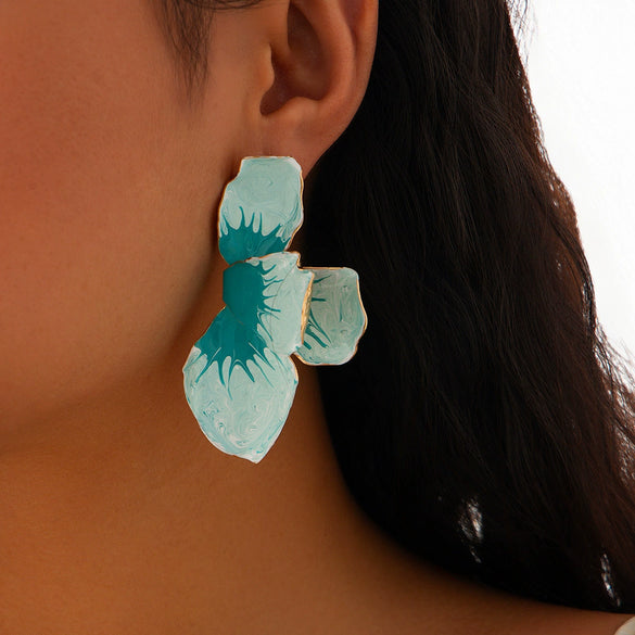 Jewelry Folding Pink Petal Earrings Iron Dripping Oil Flower Style Electroplating For Women