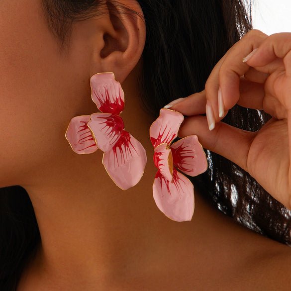 Jewelry Folding Pink Petal Earrings Iron Dripping Oil Flower Style Electroplating For Women