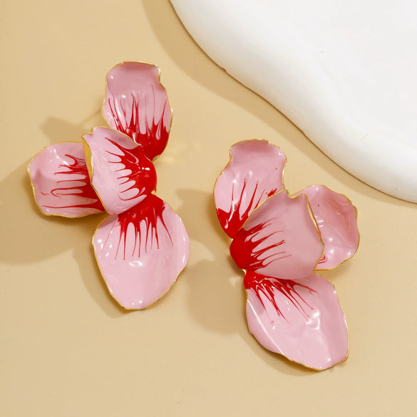 Jewelry Folding Pink Petal Earrings Iron Dripping Oil Flower Style Electroplating For Women