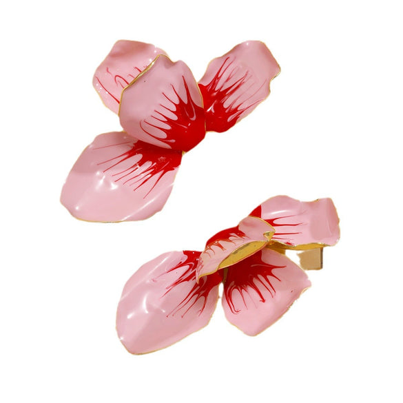 Jewelry Folding Pink Petal Earrings Iron Dripping Oil Flower Style Electroplating For Women